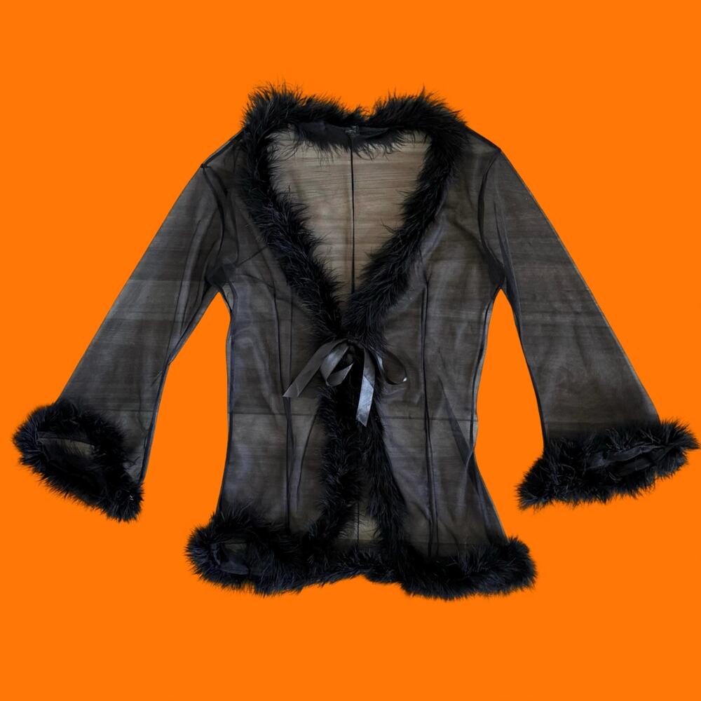 90's vintage black marabou feather boudoir y2k glam duster robe MEDIUM